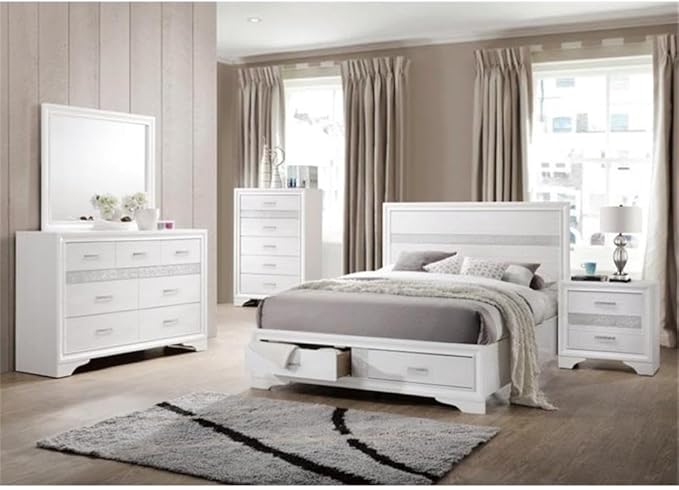 Stonecroft Furniture Mona Street 5 Piece King Storage Panel Bedroom Set, Asian Hardwood, White Finish, Includes Bed, Nightstand, Dresser, Mirror, Chest, Glam Style, Contemporary Design for Bedroom Use