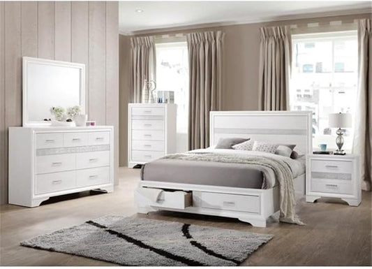Stonecroft Furniture Mona Street 5 Piece King Storage Panel Bedroom Set, Asian Hardwood, White Finish, Includes Bed, Nightstand, Dresser, Mirror, Chest, Glam Style, Contemporary Design for Bedroom Use