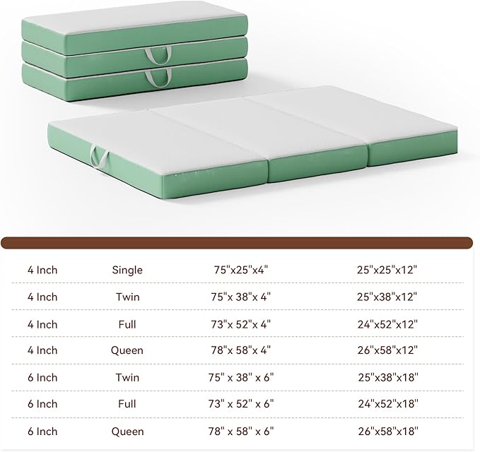 ROXGOX Memory Foam Trifold Mattress, Queen Portable Floor Bed 6 Inch, Foldable Mat with Washable Cover, Handle & Non-Slip Bottom, for RV, Travel, Camping, Yoga, 78"x58"x6", White Green