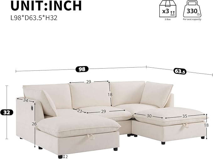 Merax Modern U-Shaped Sectional Sofa with 2 Movable Storage Ottomans, Chenille 6-Seat Couch Set with Fold-Down Backrest Table, Charing Ports, Cup Holders for Living Room,Space Saving, Beige