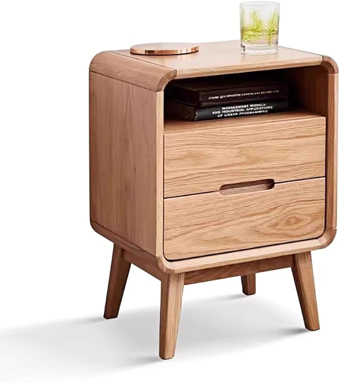 Solid Wood Nightstand, Mid Century Modern Small Nightstand with Two Drawers, Small Night Stand with Open Shelf, Oak Bedside Table for Bedroom, Dorm(Natural Wood Color) - Image 9