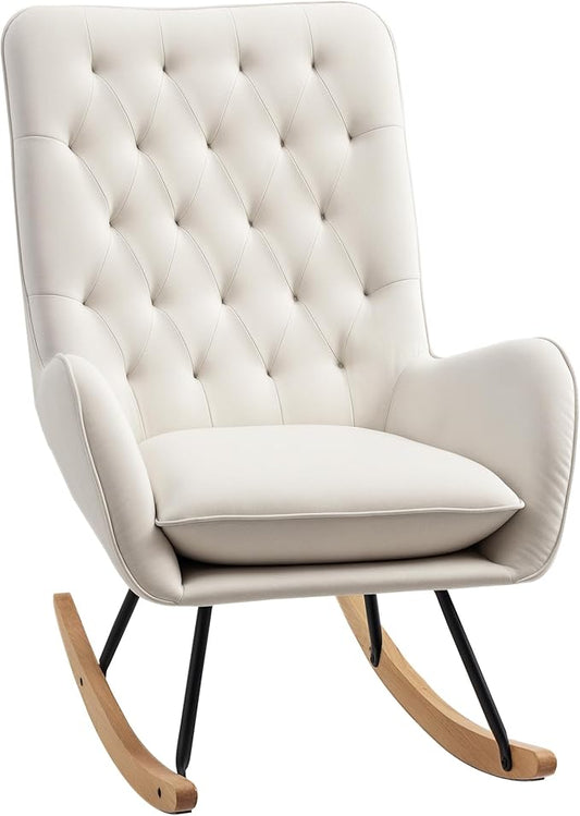 HOMCOM Mid-Century Fabric Rocking Chair Sofa Armchair Tufted Rocker Wingback Accent Chair with Padded Seat, Rubber Wood Base for Home Studio, Bedroom, Living Room, Cream White