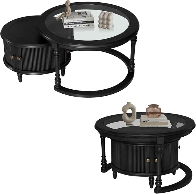 LKTART Nesting Coffee Table for Living Room, Round Tempered Glass Solid Wood Nest Coffee Tables with Storage, Retro Small Accent Center Table for Small Space Apartment (31.5''D×18''H-Balck)
