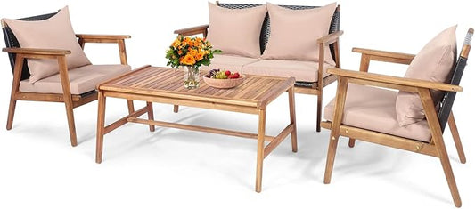 Tangkula 4-Piece Patio Furniture Set, Outdoor Acacia Wood Conversation Set with Cushions and Coffee Table, Outdoor PE Wicker Sectional Sofa Set for Garden, Poolside and Backyard (1, Beige)