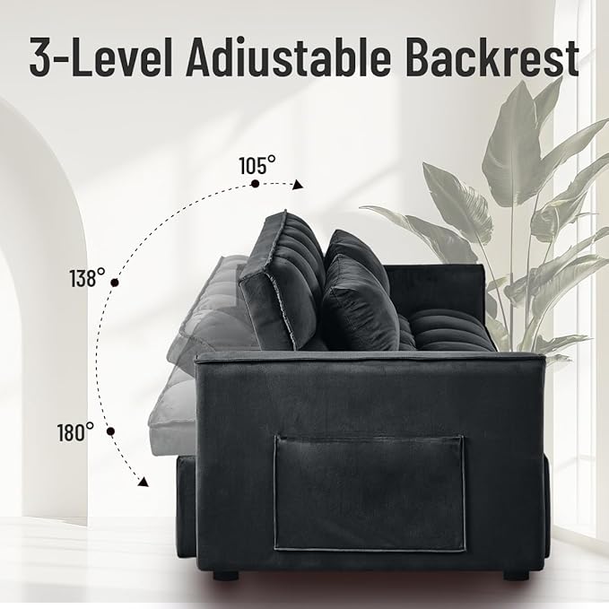 Pull Out Couch, Velvet Fabric Loveseat Sleeper Couch, 3 in 1 Corduroy Futon Sofa Bed with Side Pockets, Sleeper Sofa Bed with Adjustable Backrest for Living Room, Black