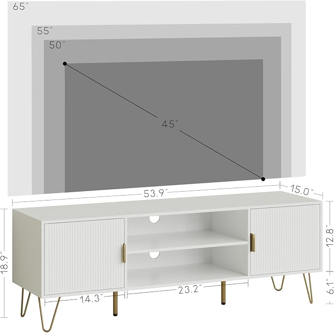 TV Stand for 55-65 Inch TV, Entertainment Center with Soft Hinge Door,TV Console Table with 2 Cabinets with Gold Handle and Feet,for Living Room, Bedroom, White - Image 2