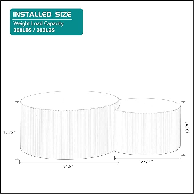 kevinplus 55.12'' Black Round Nesting Coffee Table Set of 2, Modern Side End Table for Living Room, Contemporary Wood Circle Embossed Crescent Design, No Assembly, Black
