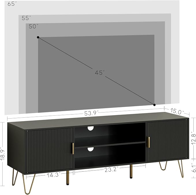 TV Stand for 55-65 inch TV, Entertainment Center with Soft Hinge Door,TV Console Table with 2 Cabinets with Gold Handle and Feet,for Living Room, Bedroom, Black - Image 3