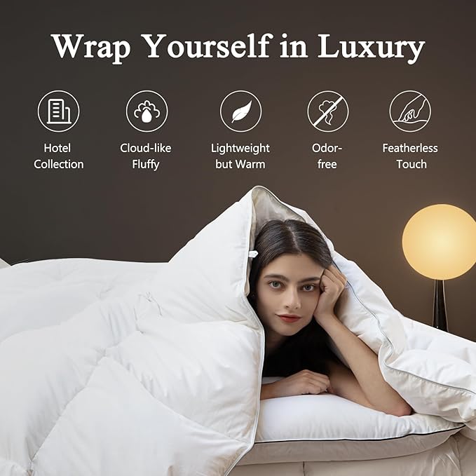 DWR Superior Luxury Feather Down Comforter Oversized Full/Queen Size, Ultra-Soft Rose-Silk Cotton-Blend Fabric, High FP All Season Medium Warmth Bed Duvet Insert(98"x98", White)