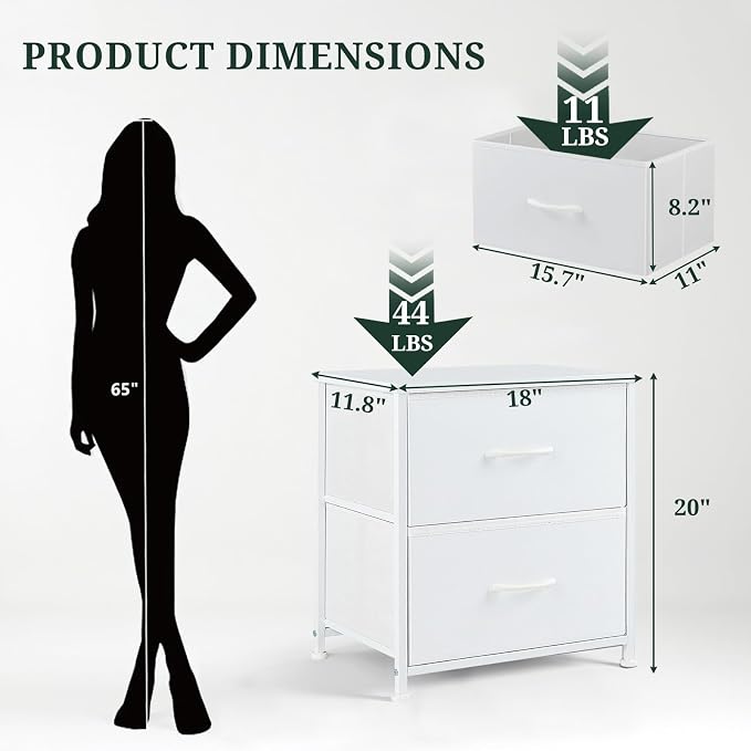 Nightstand, Small 2 Drawer Dresser End Table Bedside Furniture, Wooden Top Fabric Bins for Bedroom, Closet, Entryway, Dorm, 11.8" D x 18" W x 20", White - Image 3