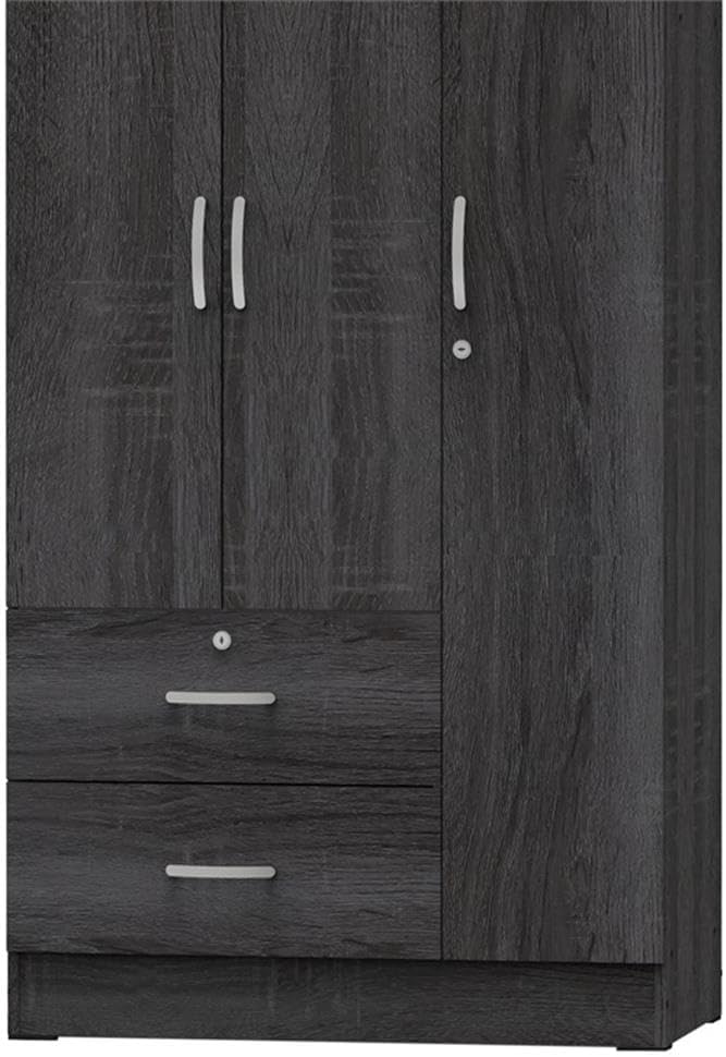 Pemberly Row Modern 2 Drawer Wooden Wardrobe Armoire Closet, Gray Finish, Engineered Wood, 72” H x 36” W x 20” D, Hanging Rod, Shelves, Lockable Drawer, Sleek Bedroom Storage Unit
