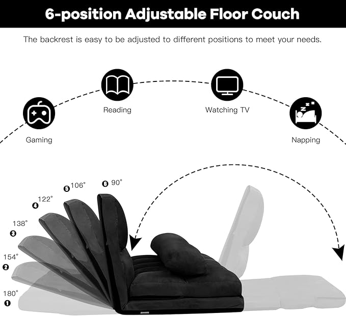 KOMFOTT Adjustable Floor Sofa Bed, Foldable Lazy Sofa Sleeper Bed with 6 Position Backrest & 2 Pillows, Convertible Futon Couch Bed with Suede Cloth Cover, Lounge Recliner for Living Room (Black)
