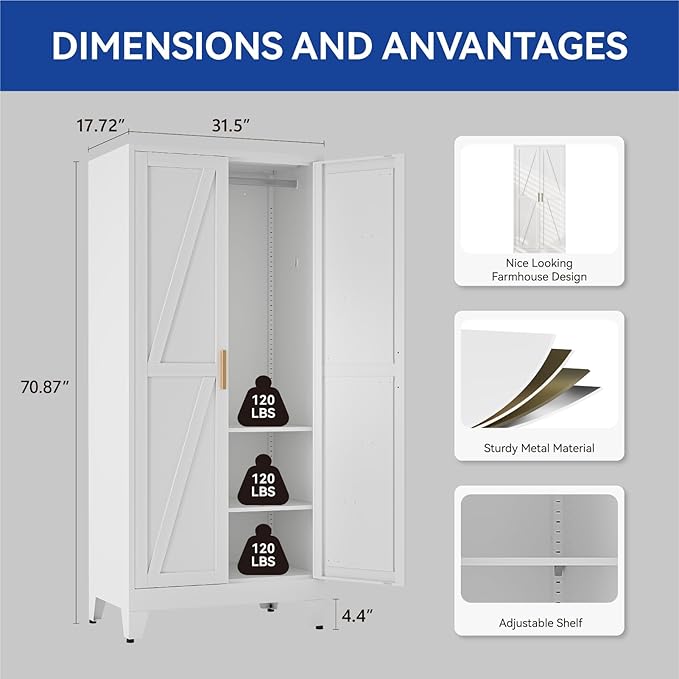 COFaR 71'' Metal Wardrobe Closet, Bedroom Armoire Cabinet with Adjustable Hanging Rod and Shelves, 2 Doors Farmhouse Closet Storage for Garage Laundry, White Roperos para Guardar Ropa