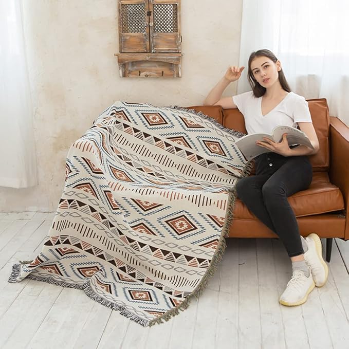 Lqprom Boho Throw Blankets Knit Bed Blankets with Tassel Aztec Western Throws Cover Farmhouse Decor for All Season Sofa Couch Chair Outdoor Camping Picnic Tent Beach Car Traveling 63"x87"