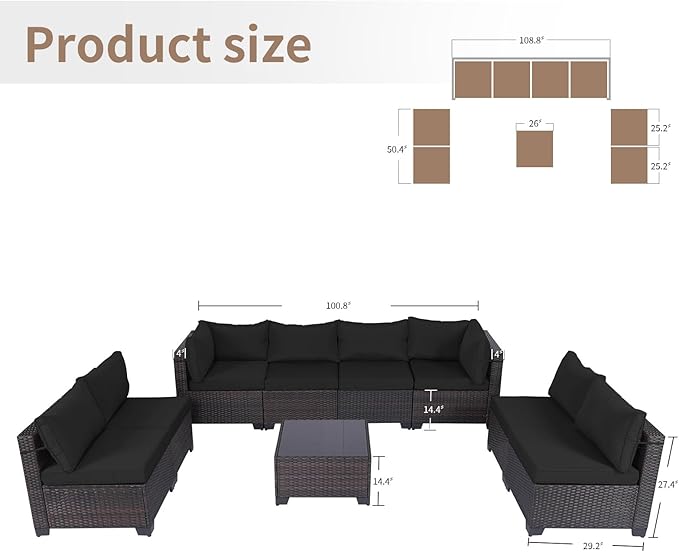 CHABATREE 9 Pieces Outdoor Patio Furniture Sets,Rattan Conversation Sectional Set,Manual Weaving Wicker Patio Sofa with Tea Table