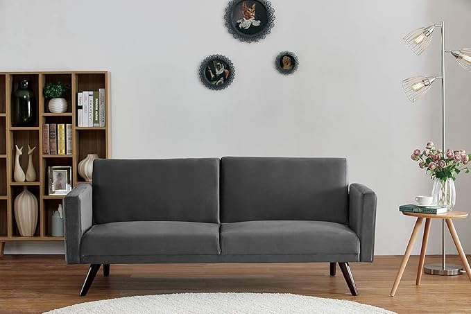 72" Retro Velvet Sofa Bed - Vintage Modern Convertible Futon w/Reclining Backrest - Velvet Upholstery on Solid Wood Frame (72" L x 34.6" W x 30.23" H), Grey