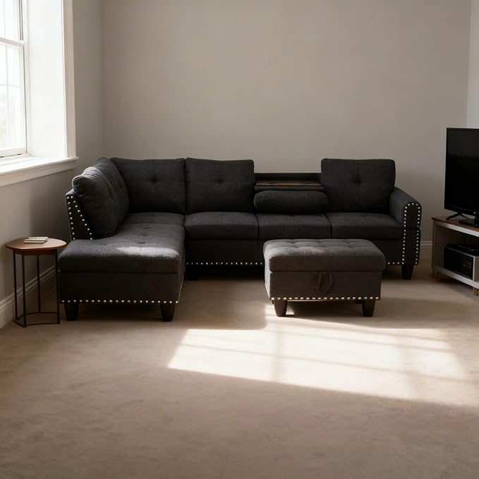 L-Shape Sofa with Storage Ottoman & Reversible Coffee Table, Linen Sectional Couch with Left Chaise, 3-Piece Sofa Set for Living Room, Upholstered Couch Set with Solid Wood Frame, Black Grey