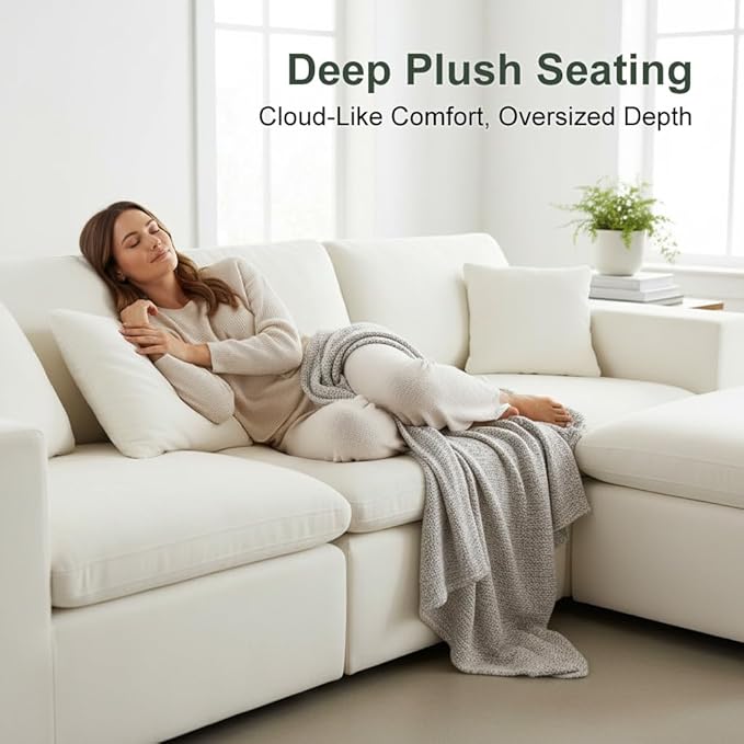 108'' Boneless Sectional Couch Cloud Sofa with Ottoman, Modular Memory Foam Couches for Living Room, Large L Shaped Modern Beige 3 Seater Floor Sofa Set, No Assembly, Comfy Deep Seats | Adjustable Backrest, Deep Seat, High-Resilience Foam, Breathable M...