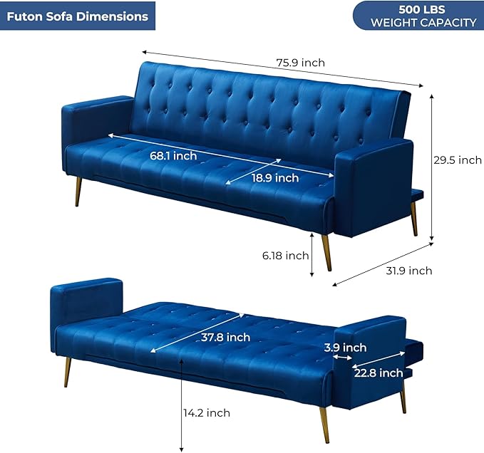 Rovibek Futon Sofa Bed, Convertible Futon Couch, Modern Futons Bed with Adjustable Backrest, Metal Legs, Living Room Apartment Office Fouton, Blue