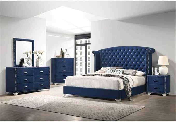 MAKLAINE 4-Piece Bedroom Set, Queen Size, Velvet Upholstery in Pacific Blue, Includes Bed with Wingback Headboard, 6-Drawer Dresser, Mirror, 2-Drawer Nightstand, Contemporary Style