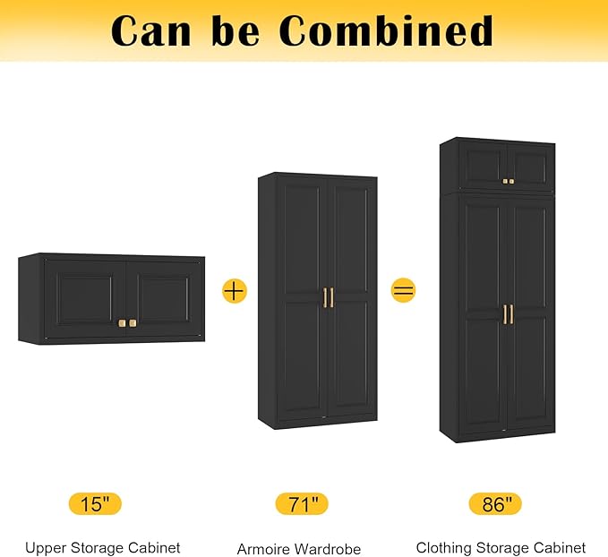 SteeLoong 86" Metal Armoire Wardrobe Closet with Doors,BlackTall Clothing Storage Cabinet with Adjustable Shelves and Hanging Rod,Wardrobe Closet for Bedroom,Home,Office,Gym
