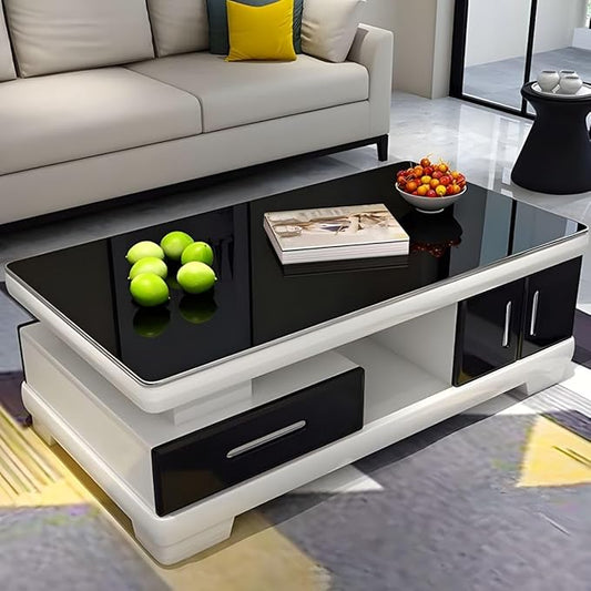 RUNNUP Modern Rectangular Glass Coffee Table with White Wood Base and Storage 2-Tier Coffee Table Accent Center Sofa Table for Living Room, Black 47" L x 24" W x 16.5" H