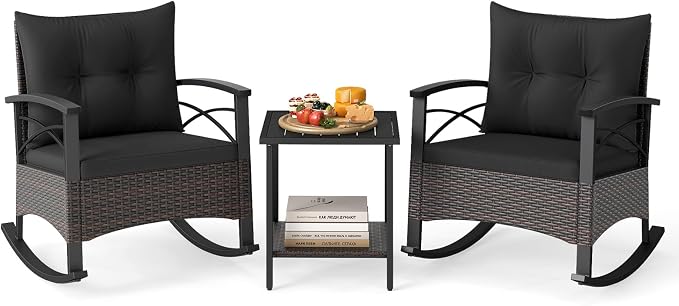 Tangkula 3 Piece Rattan Rocking Chair Set, Patio Rocker Bistro Set with Acacia Wood Tabletop & Armrests, 2 Outdoor Cushioned Armchairs w/Double-Tier Side Table for Porch, Balcony, Backyard by TANGKULA