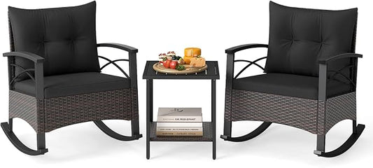 Tangkula 3 Piece Rattan Rocking Chair Set, Patio Rocker Bistro Set with Acacia Wood Tabletop & Armrests, 2 Outdoor Cushioned Armchairs w/Double-Tier Side Table for Porch, Balcony, Backyard by TANGKULA