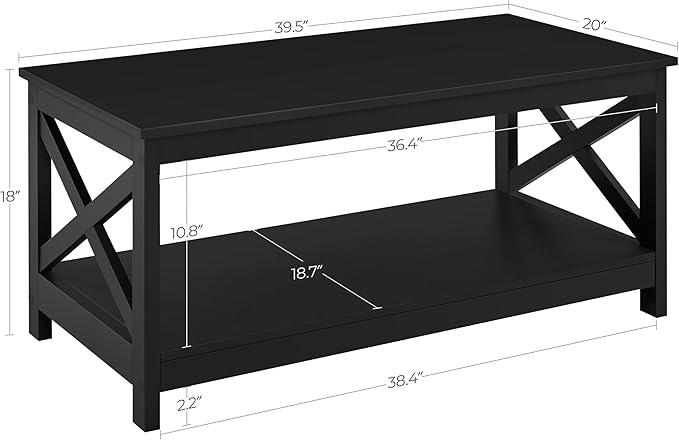 Yaheetech Wood 2-Tier Black Coffee Table with Storage Shelf for Living Room, X Design Accent Cocktail Table, Easy Assembly Home Furniture, 39.5 x 20 x 18 Inches