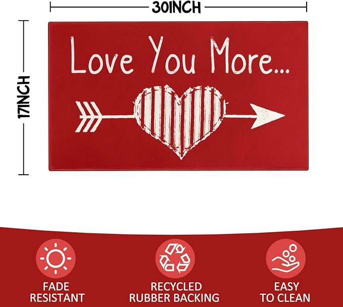 Faptoena Valentines Door Mat,Valentines Love You More Indoor Outdoor Non-Slip Valentine Doormat,Entryway Front Porch Valentine's Welcome Mat for Entrance Decor 30" x 17" - Image 3
