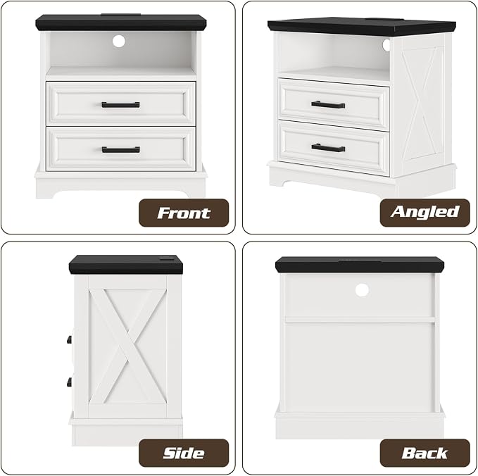 knoworld 24 Inch Wide Farmhouse Nightstands with Charging Station, White Nightstand with 2 Large Drawers, Rustic Wood End Table for Bedroom - Image 9