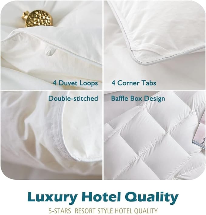 Cobnom® Luxury Organic Down Comforter Oversized Queen, High Fill-Power Down Feather Fibers Duvet Insert with 100% Cotton Cover, Medium Warm for All-Season, Ivory White, 98x98 Inch