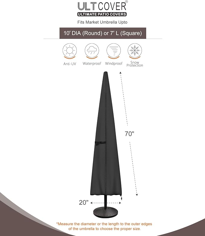 ULTCOVER Patio Parasol 600D Waterproof Outdoor Market Umbrella Cover - Fits Market Umbrella 7-10 Feet, Black - Image 3