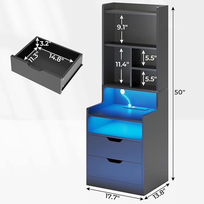 BTHFST Tall Nightstand with LED Lights and Charging Station, LED Black Nightstand with Shelves and 2 Drawers, Bedside Table with Bookshelf, Tall Side End Table with Storage - Image 2