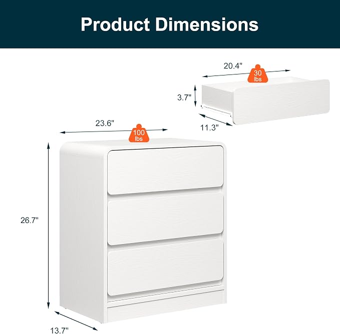 RoyalCraft White 3 Drawer Nightstand, Modern Night Stand with Drawers, Wood End Table with Storage and Curved Design, Small Dresser for Bedroom, Home Office, Entryway - Image 2