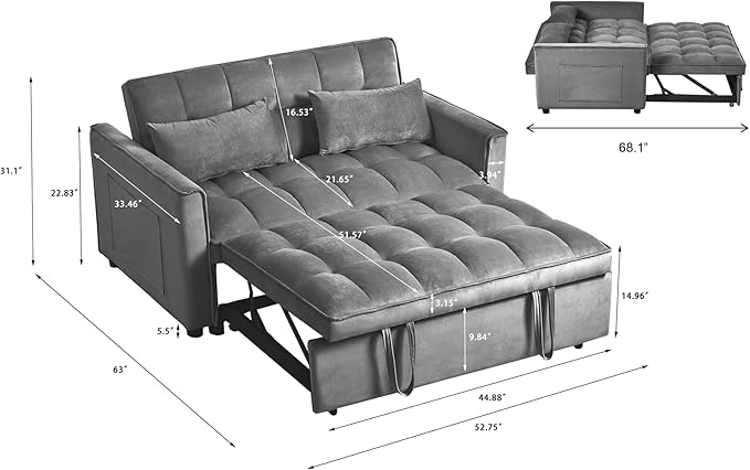 3 in 1 Convertible Sleeper Sofa Bed, Pull Out Couch Loveseat Futon, Adjustable Backrest Velvet Sofa with Pillows and Side Pockets for Living Room Apartment, Dark Grey