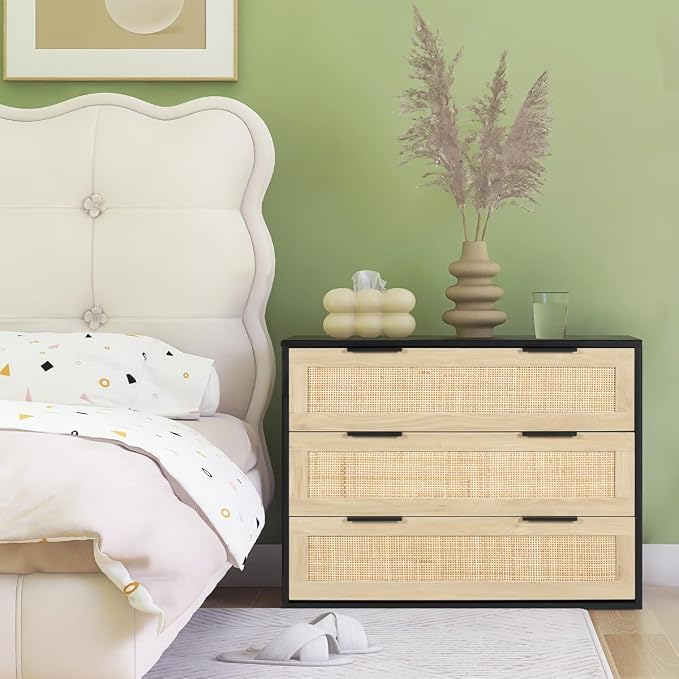HOPUBUY Large Nightstand with Rattan Drawer, Modern 3 Drawer Night Stand for Bedroom, Wooden Bedside Table for Queen Size and King Size Bed, Black - Image 5