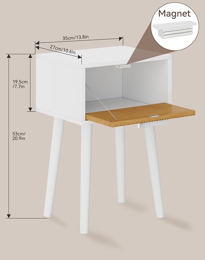 YMYNY Narrow Fluted Nightstand Set of 2, Small End Table, Modern Coffee Table with Drawer, Solid Wood Legs, Retaining Chain, for Bedroom and Small Spaces, White and Natural UHST014WN-2 - Image 3