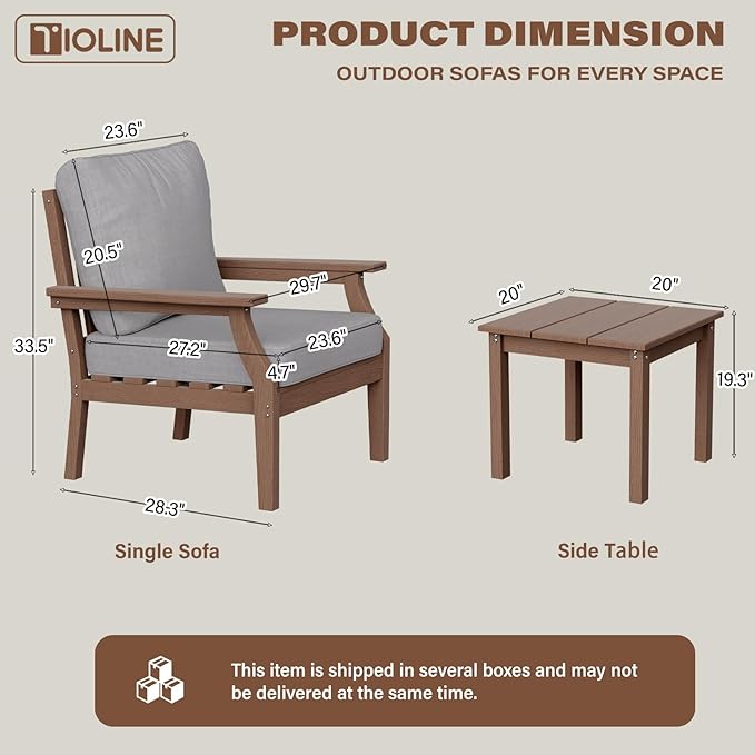 HDPE Patio Conversation Set, 3-Piece All Weather Outdoor Furniture Set with 2 Single Sofas for Deck, Lawn, with Cushion, Brown