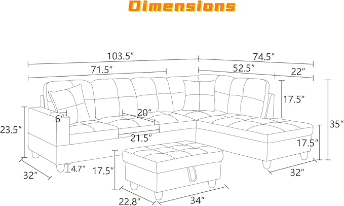 FONTOI L Shaped Sectional Couch with Otttoman, 103" Sectional Sofa for Living Room Flannel Modular Couches with Cup Holders for Bedroom, Apartments, Light Grey