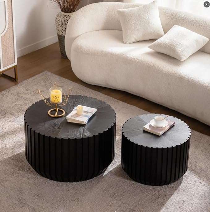 kevinplus 46.46'' Black Round Nesting Coffee Table Set of 2, Modern Circle Fluted Drum Coffee Table for Living Room, No Assembly, Black