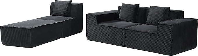 Rowan Convertible Corduroy Sectional Couch with Ottoman & Pillows, Modular L Shaped Sleeper Sofa, Boneless Cloud Couch for Living Room Furniture, Black