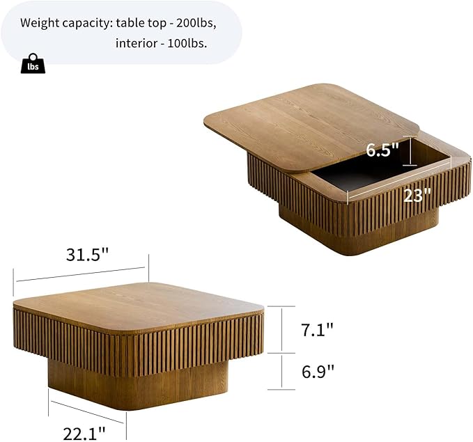 31.5'' Small Square Coffee Table with Storage, Fluted Coffee Table with Solid Wood Veneered, Mid Century Modern Wooden Center Table, Accent Tea Table for Small Space Living Room Apartment, Brown