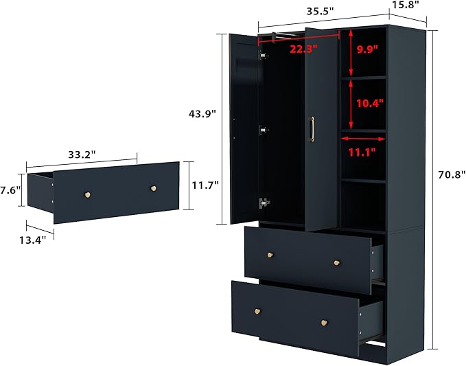 Hitow Wardrobe Armoire Closet with Mirror, 2 Door Wardrobe Cabinet with 2 Drawers & Extendable Hanging Rod, Bedroom Armoire Cabinet Clothes Organizer, Type A Blue (35.5" W x 15.8" D x 70.8" H)