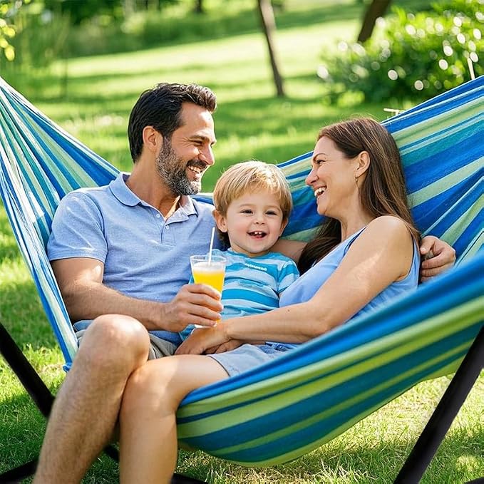 ANAGOO Double Hammock with Stand, 2 Person Hammock with Carrying Bag,Heavy Duty Portable,500 lb Capacity, Perfect for Both Indoors and Outdoors，Ocean Breeze - Image 2