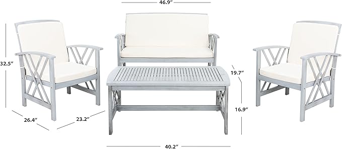SAFAVIEH Outdoor Collection Fontana Grey Wash/ Beige 4-Piece Conversation Patio Set with Cushions