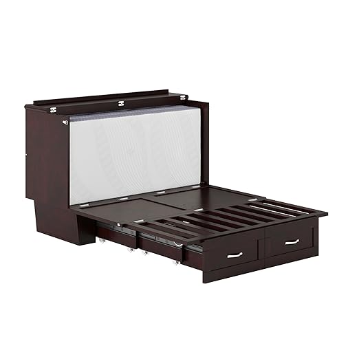 AFI, Chelsea Mid-Century Modern Full Wood Murphy Bed Chest with 6" Mattress, Storage Drawer & Built-in USB Charger, Espresso