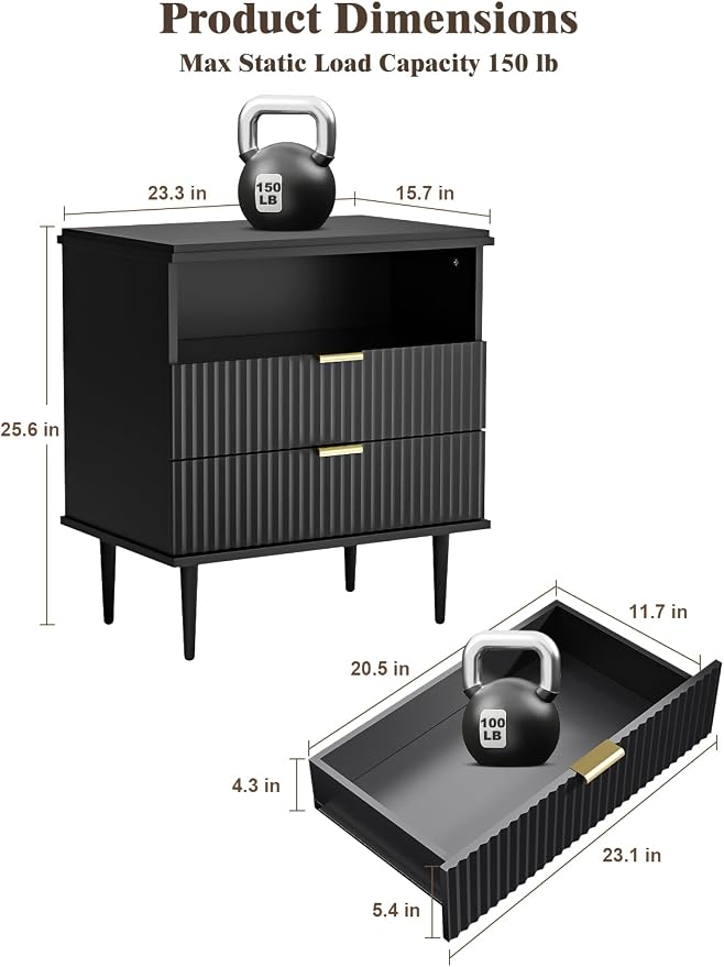 Black Nightstand with Charging Station for Bedroom, Fluted Wooden Bedside Table with 2 Drawers, Open Storage, Gold Metal Handles, Modern End Table Set 1 - Image 2