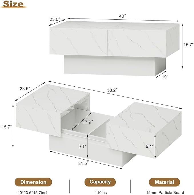 White Marble LED Coffee Table with Storage for Living Room, Living Room Table Rectangular Center Table, Modern High Glossy Wooden Coffee Tables for Dining Reception Room