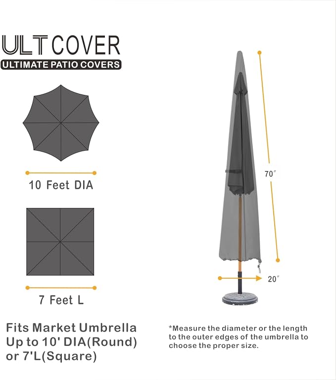 ULTCOVER Patio Parasol 600D Waterproof Outdoor Market Umbrella Cover - Fits Market Umbrella 7-10 Feet, Black - Image 2